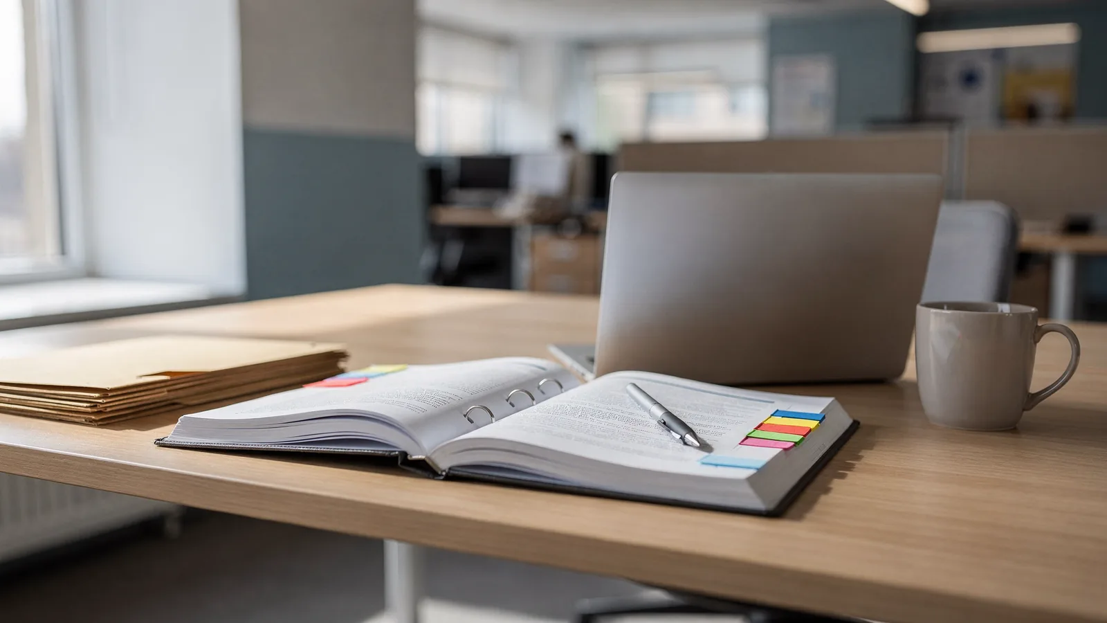 An open, tabbed policy binder on a desk next to a closed laptop