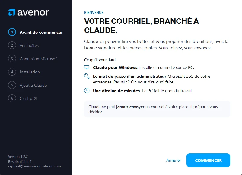 Fenêtre de l’installateur Avenor Courriel : page de bienvenue avec les six étapes et ce qu’il faut avoir sous la main